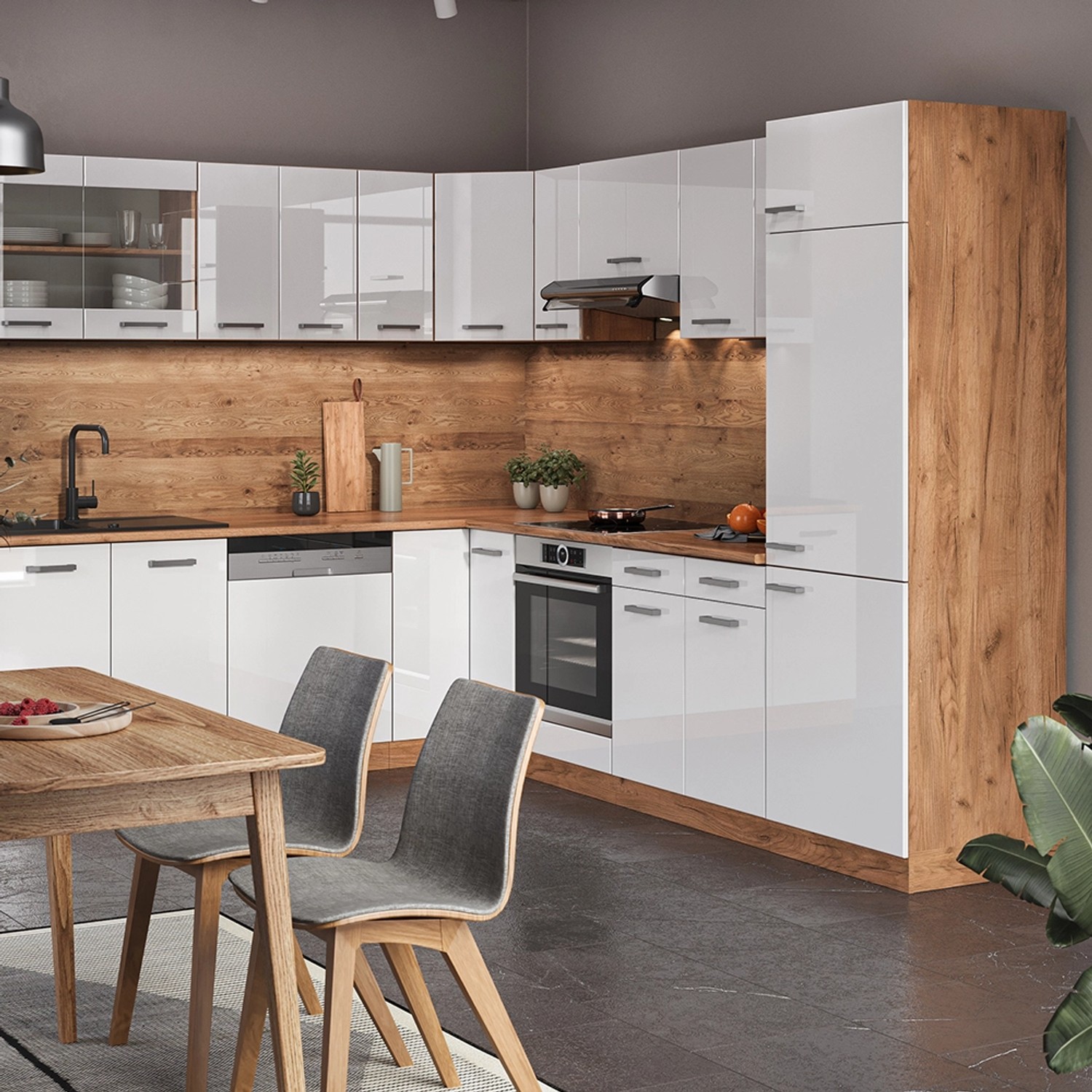 Vicco R-Line Eckküche in Weiß Hochglanz/Goldkraft Eiche mit Marmor Arbeitsplatte.