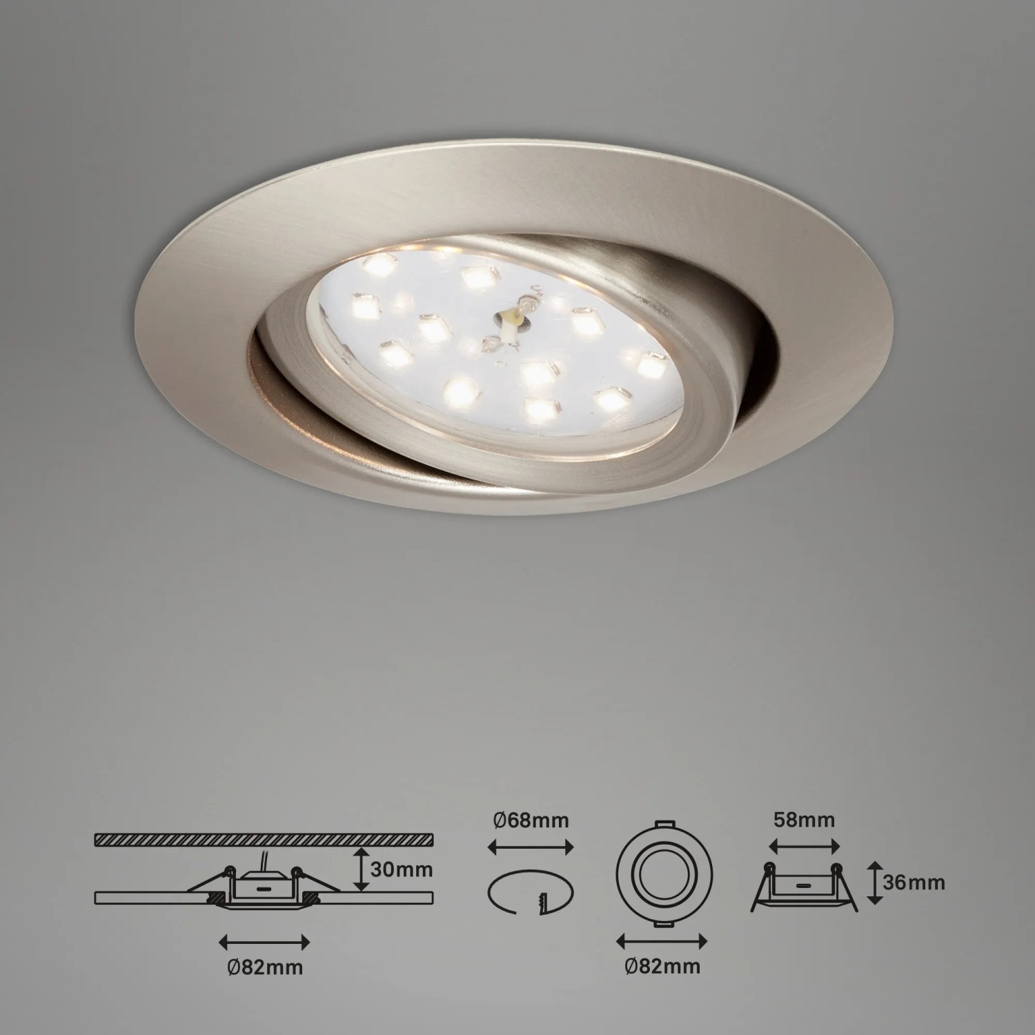 Briloner LED-Einbaustrahler, Nickel matt, schwenkbar, mit Maßangaben.