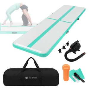ECD Germany Airtrack Gymnastikmatte 400x100x10cm, mintgrün, mit Zubehör und Tragetasche.