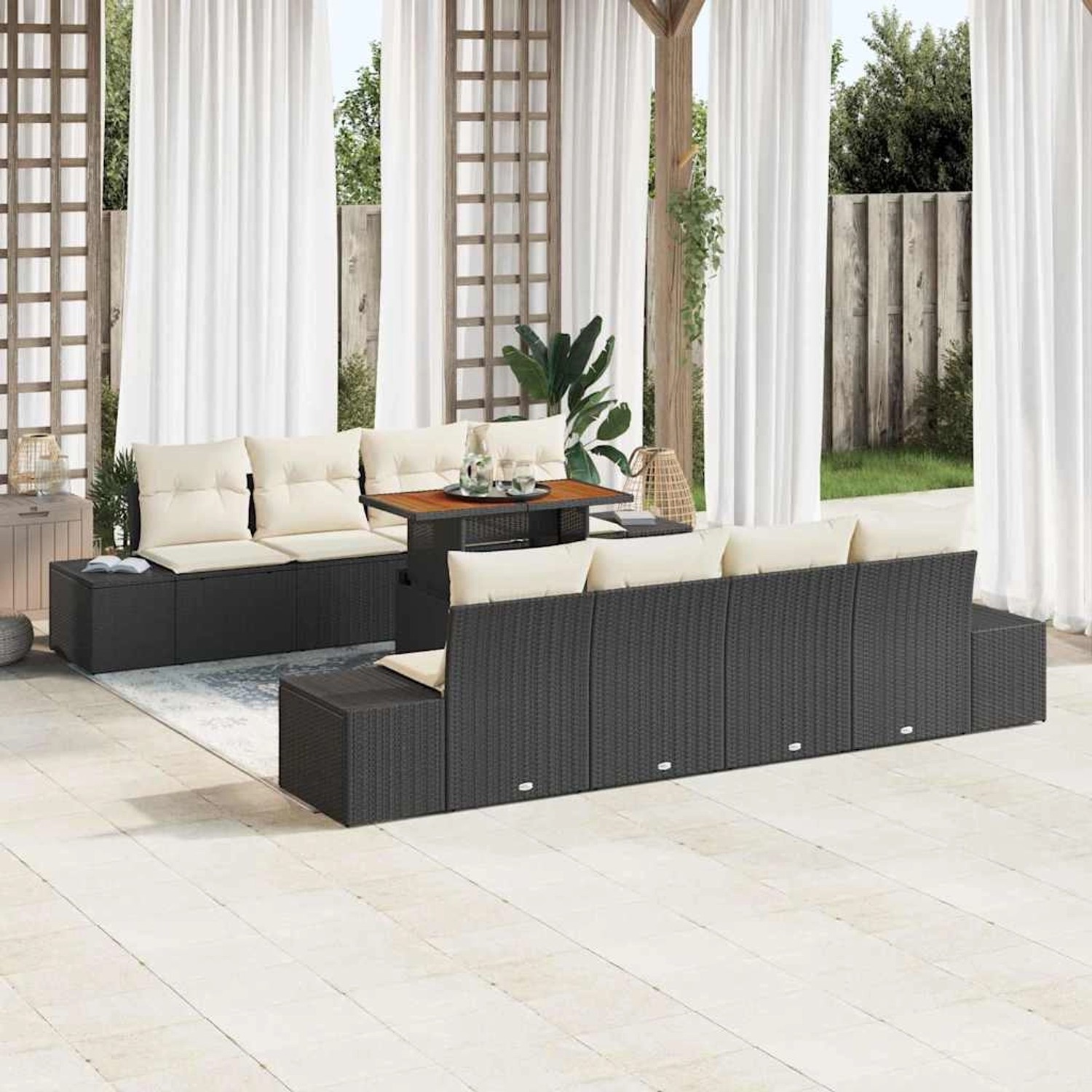 Schwarzes 9-teiliges vidaXL Garten-Sofa-Set aus Poly Rattan mit Tisch und Auflagen.