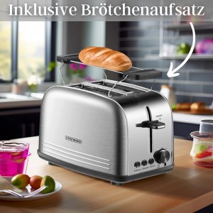 Steinborg Edelstahl Toaster mit Brötchenaufsatz und Brot auf Küchentisch.