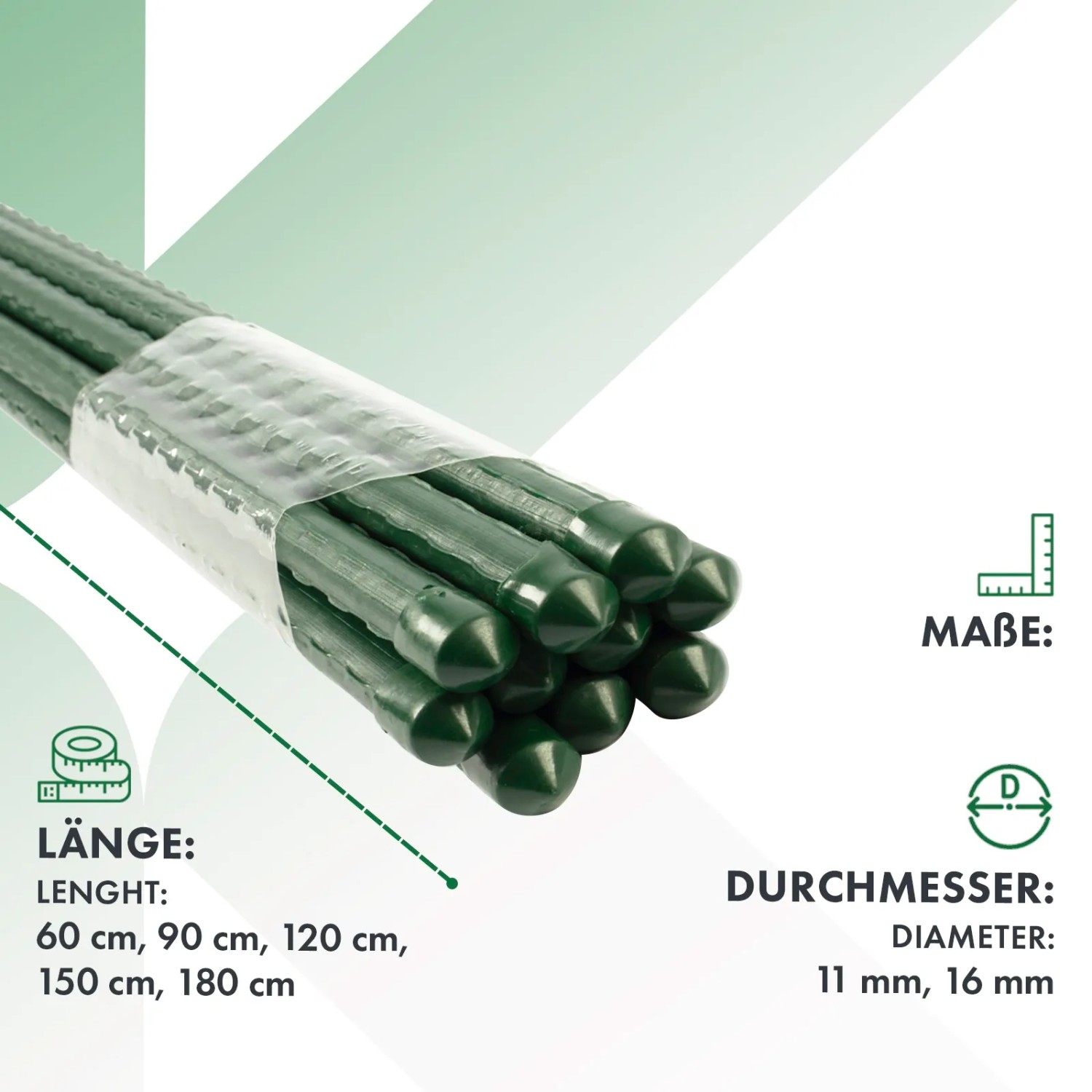 10er-Set grüne KARAT Pflanzenstäbe, 180cm, als Rankhilfe für Tomaten und andere Pflanzen.