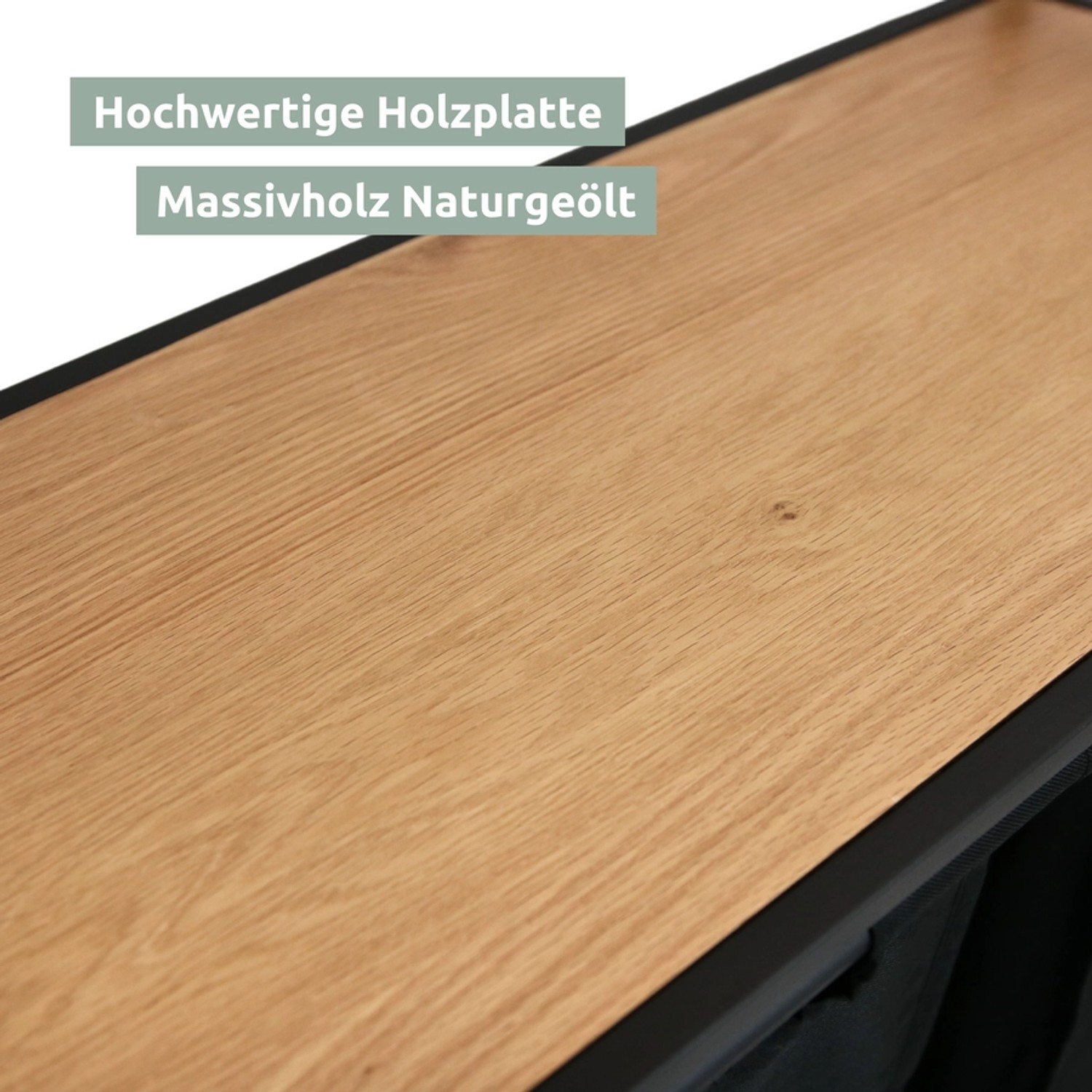Detailaufnahme: Holzplatte (Eiche Natur) des holz4home Wäschekorbs mit 2 Fächern.