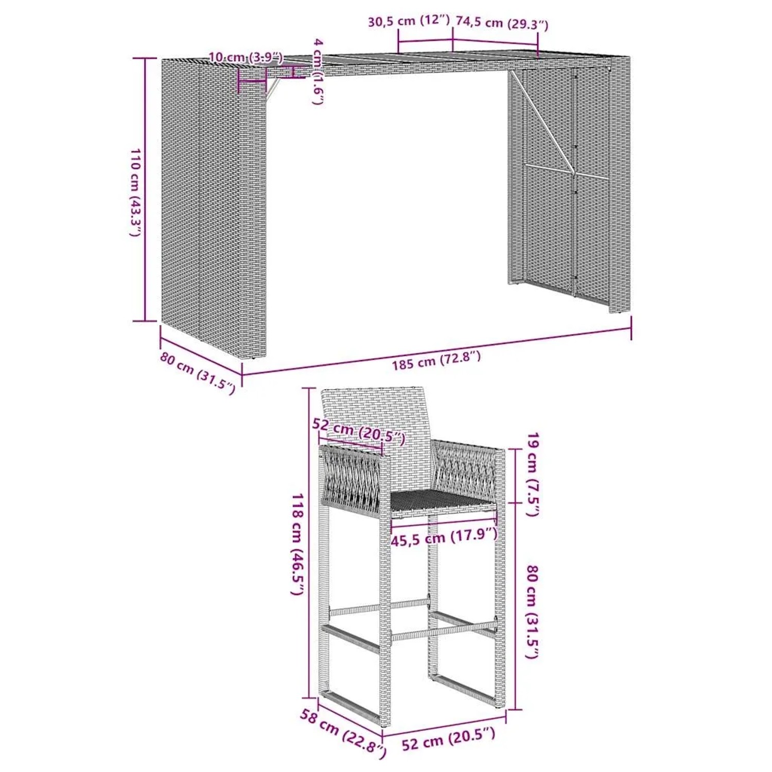 vidaXL 5-tlg. Gartenbar-Set grau, Poly Rattan & Akazie, mit Maßen von Tisch und Stuhl.