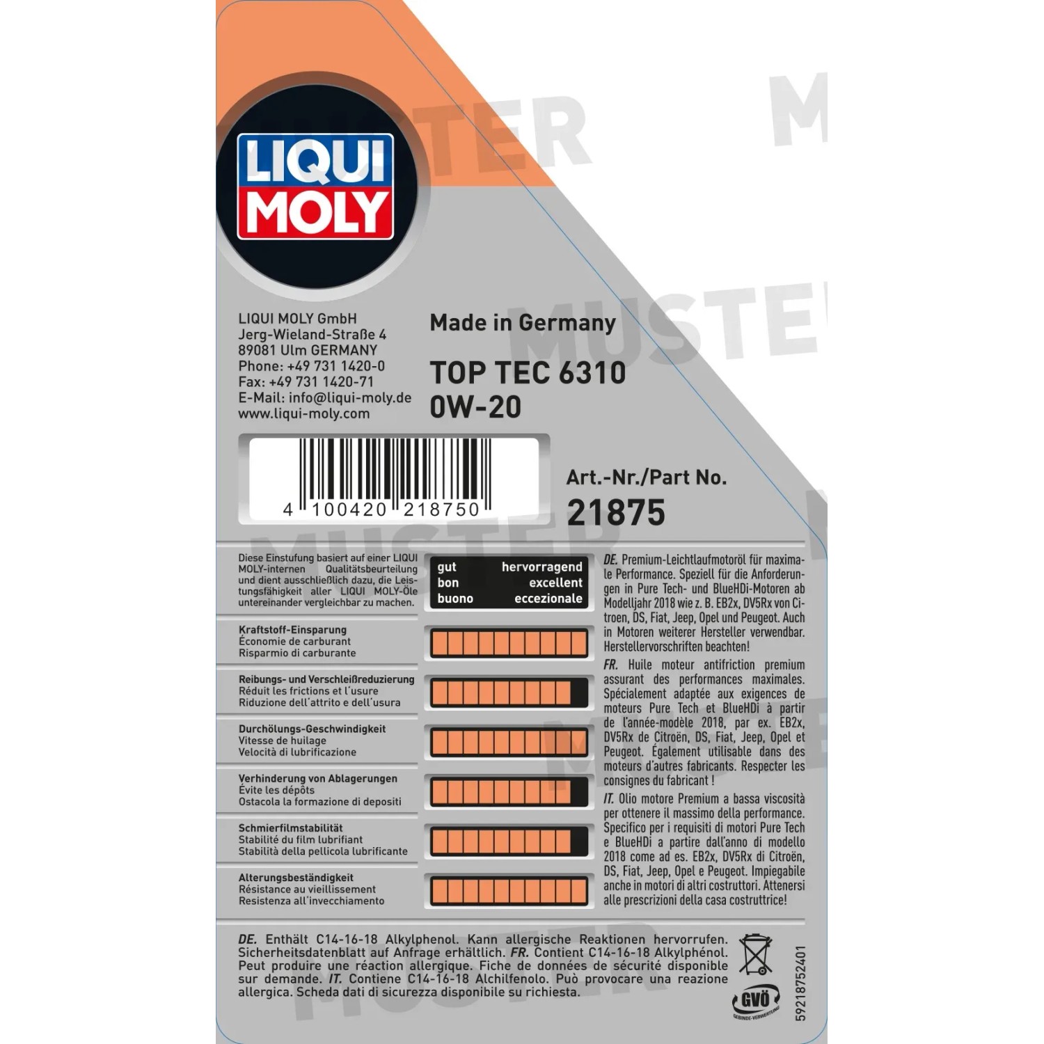 Liqui Moly Top Tec 6310 0W-20 Motoröl 1 l für optimalen Motorschutz und lange Lebensdauer.