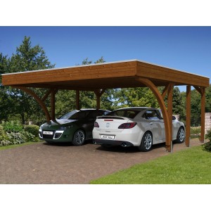 Skan Holz Carport Friesland Set Nussbaum, Doppelcarport mit zwei parkenden Autos.