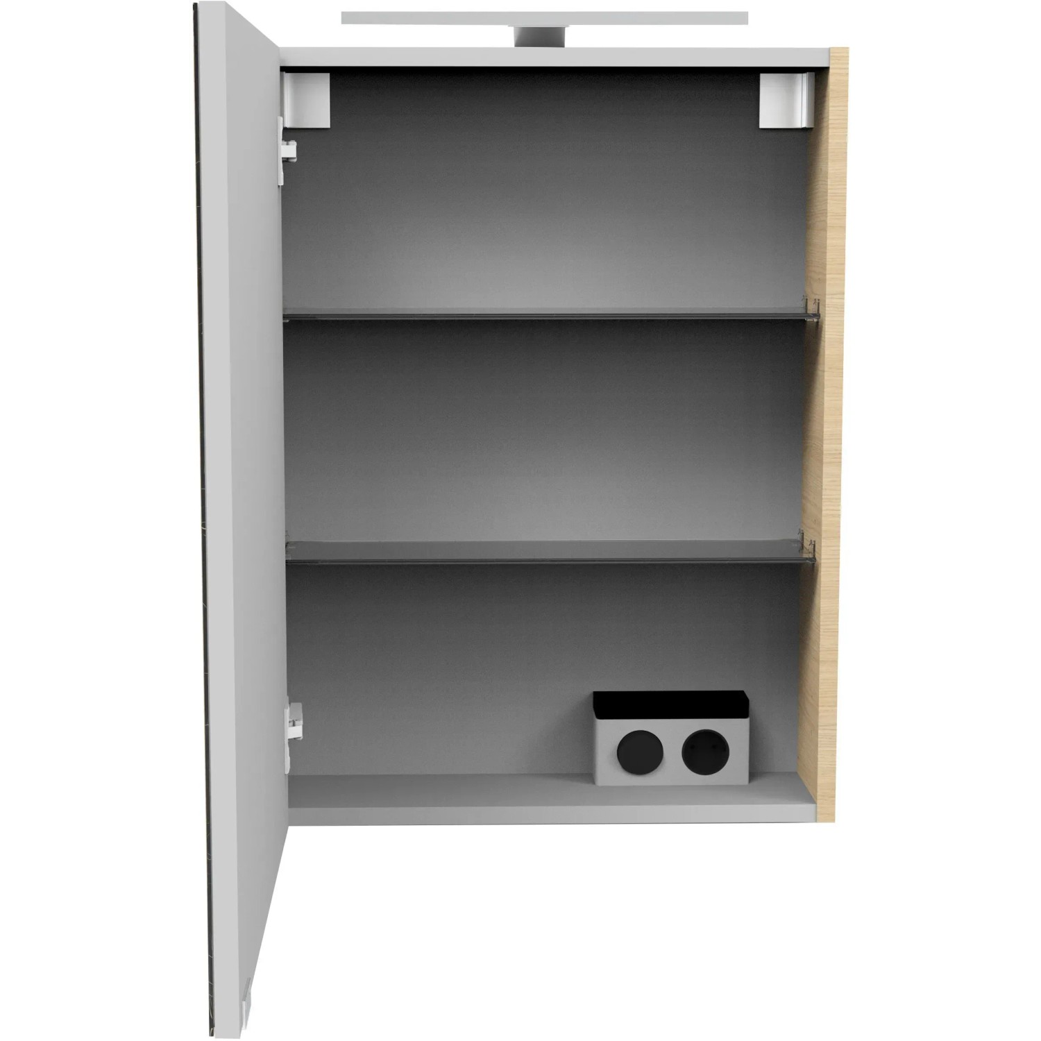 Offener Fackelmann Spiegelschrank SBC Sandeiche 50 cm mit zwei Einlegeböden.