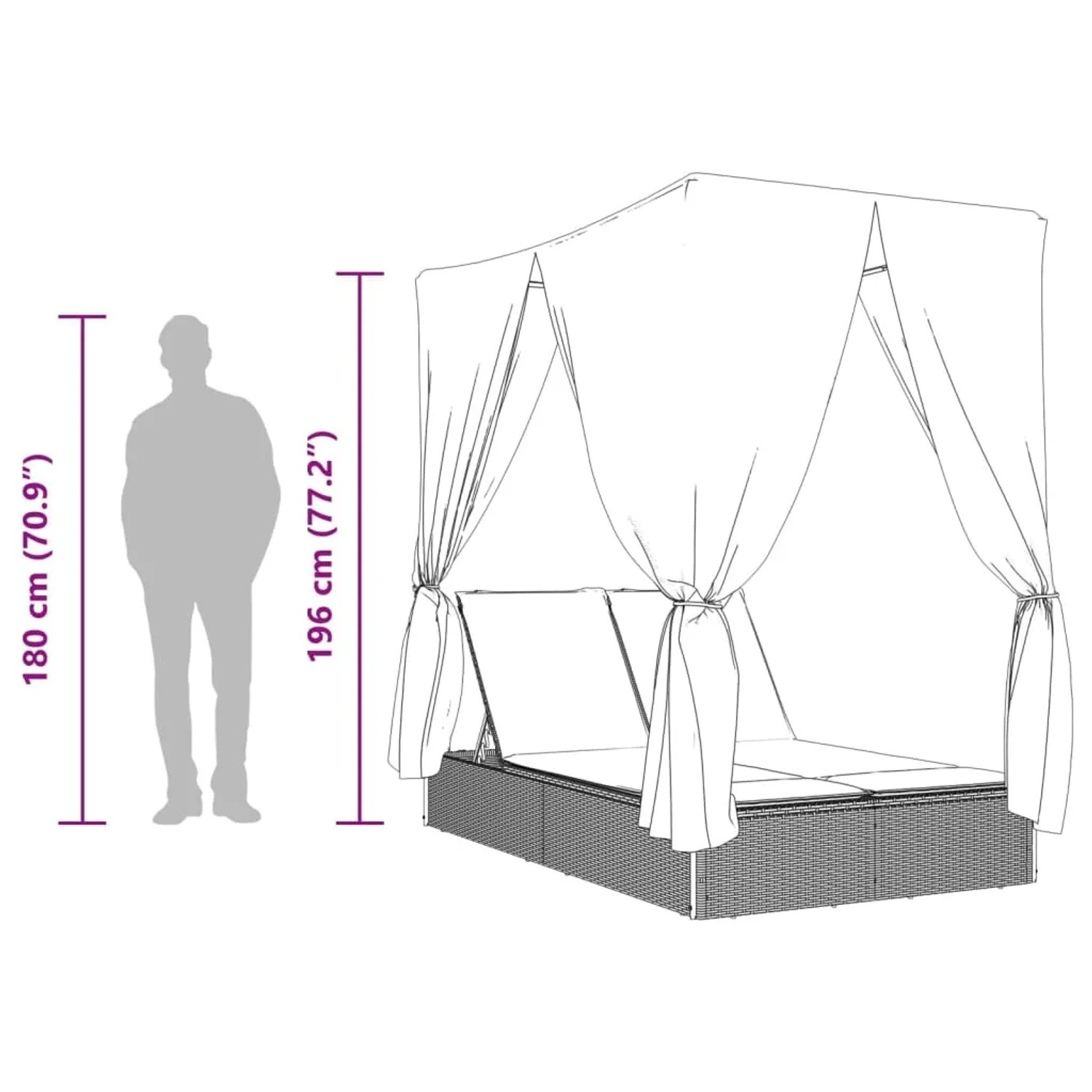 Graue Doppel-Sonnenliege mit Dach und Vorhängen aus Polyrattan, Maße und Größenvergleich.