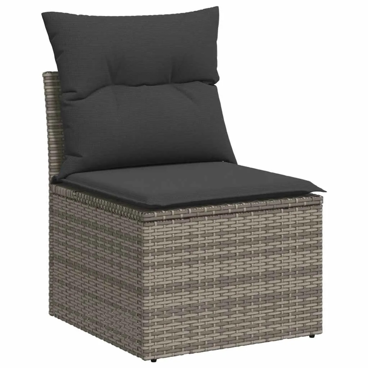 Grauer vidaXL Garten-Sessel aus Rattan mit dunklen Kissen. Teil einer modularen Sofagarnitur.