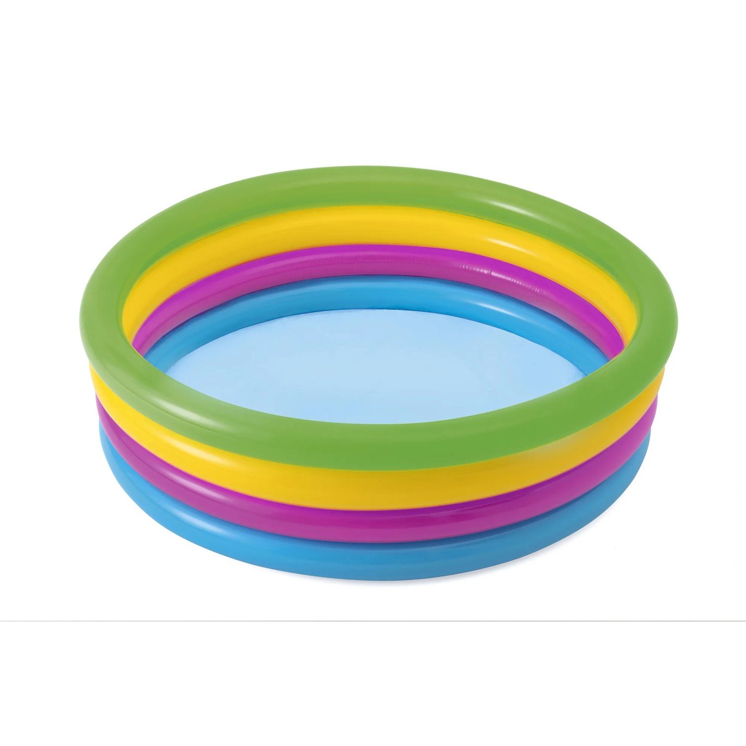 Bestway Planschbecken Swim Squad, Ø 157 cm, mit vier farbigen Luftringen (Grün, Gelb, Lila, Blau).