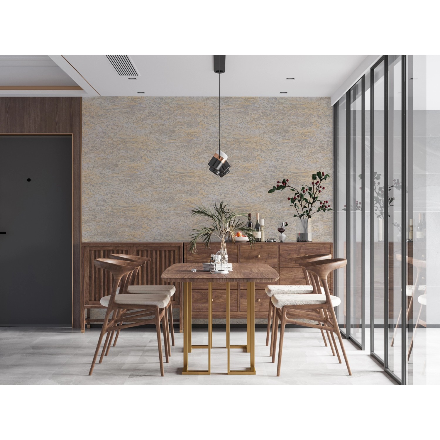 Wohnraum mit hellorange-beiger Vliestapete Abstrakt, leicht glänzend und strukturiert.