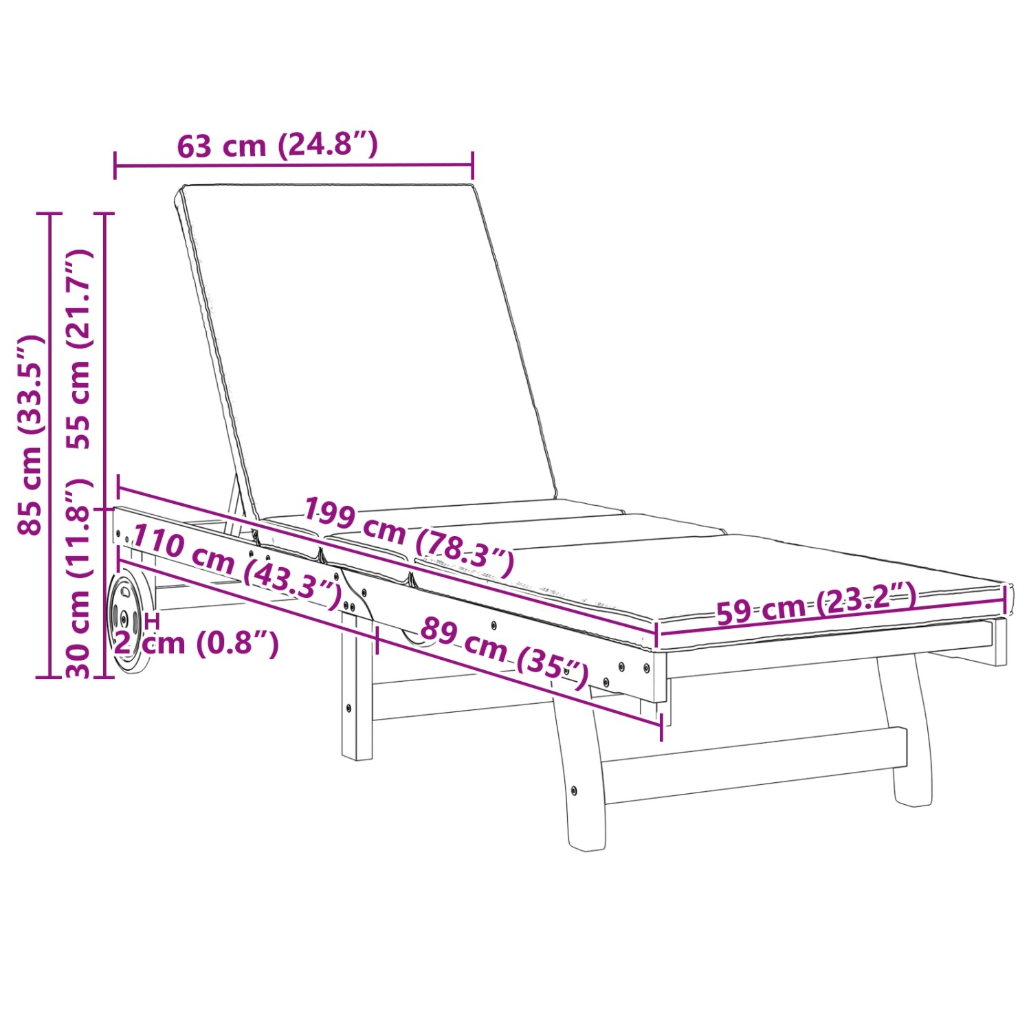 Skizze einer taupefarbenen vidaXL Sonnenliege aus Massivholz mit Rädern und Kissen, Maße sind eingezeichnet.