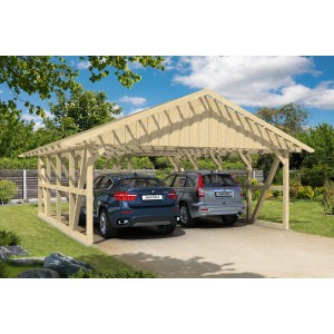 Skan Holz Carport Schwarzwald mit Dachlattung und Abstellraum, Naturholz-Optik.