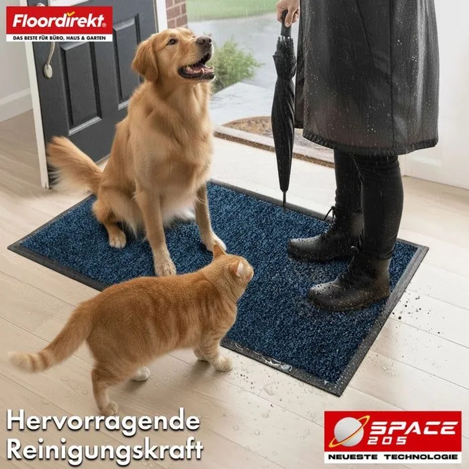 Blaue Floordirekt Schmutzfangmatte Space 205, rutschfest, mit TPE-Rücken. Hund, Katze, Person mit nassen Schuhen am Eingang.