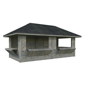 Palmako Marktstand Bianca Set 112, grau tauchgrundiert, mit Verkaufsklappen und Tür.