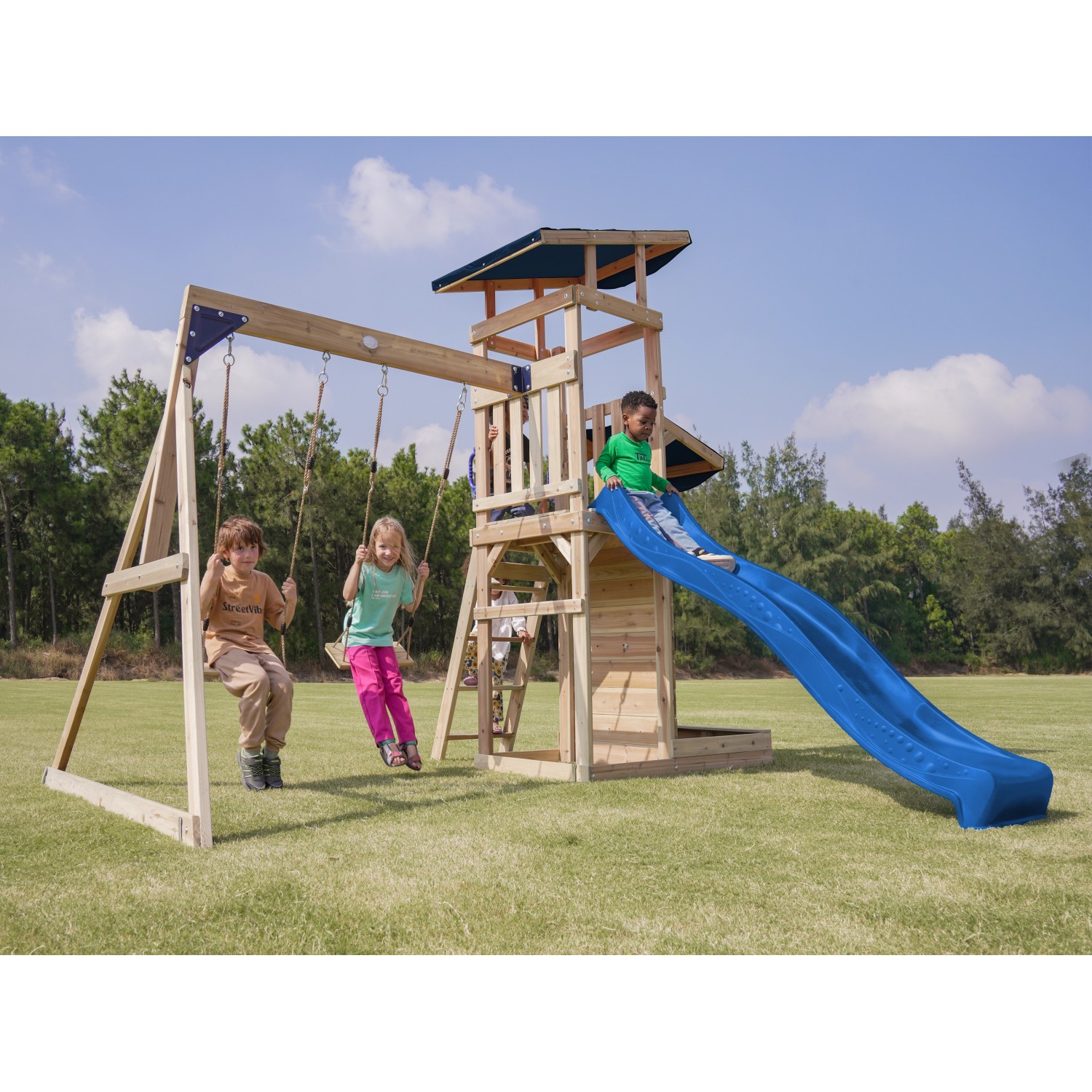 Axi Spielturm Malik mit Doppelschaukel Braun und Rutsche Blau FSC®