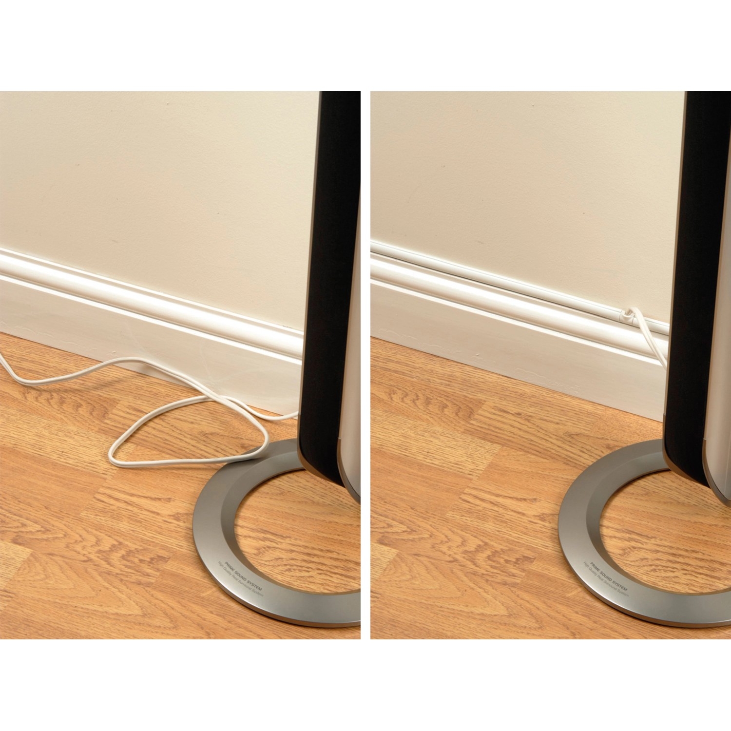 Vorher/Nachher: Weißer D-Line Kabelkanal, 16x8mm, verdeckt Kabel an der Wand.