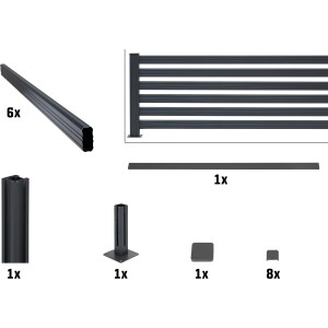 Floraworld Bohlenzaun-Set Erweiterung aus Aluminium, 90x200cm, mit Pfosten, Bohlen, Abdeckschiene, Pfostenkappe und Bodenplatte.