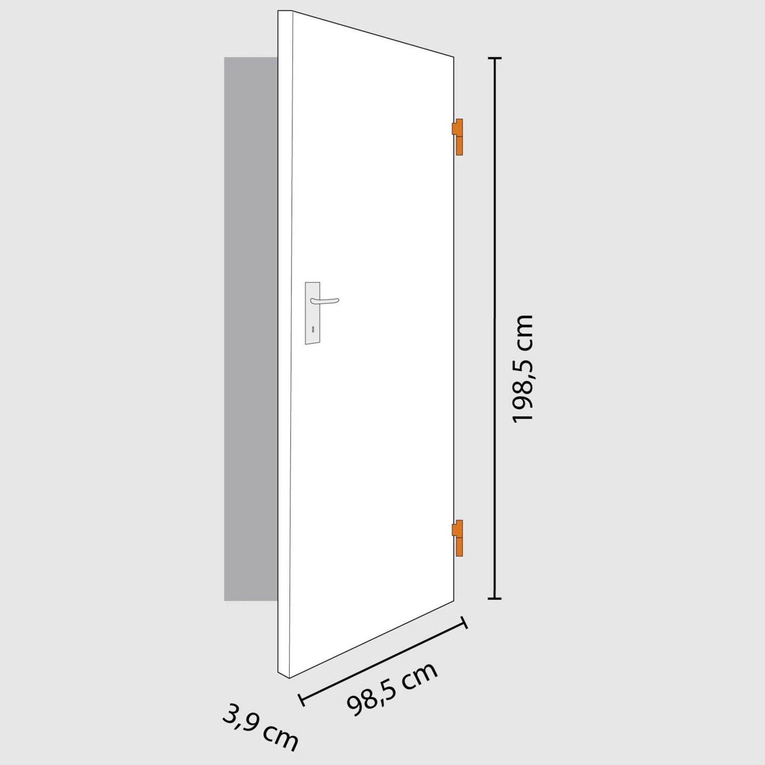 Weiße Wohnungseingangstür (98,5x198,5 cm) mit Türdrücker und Maßen, Rechtsanschlag.