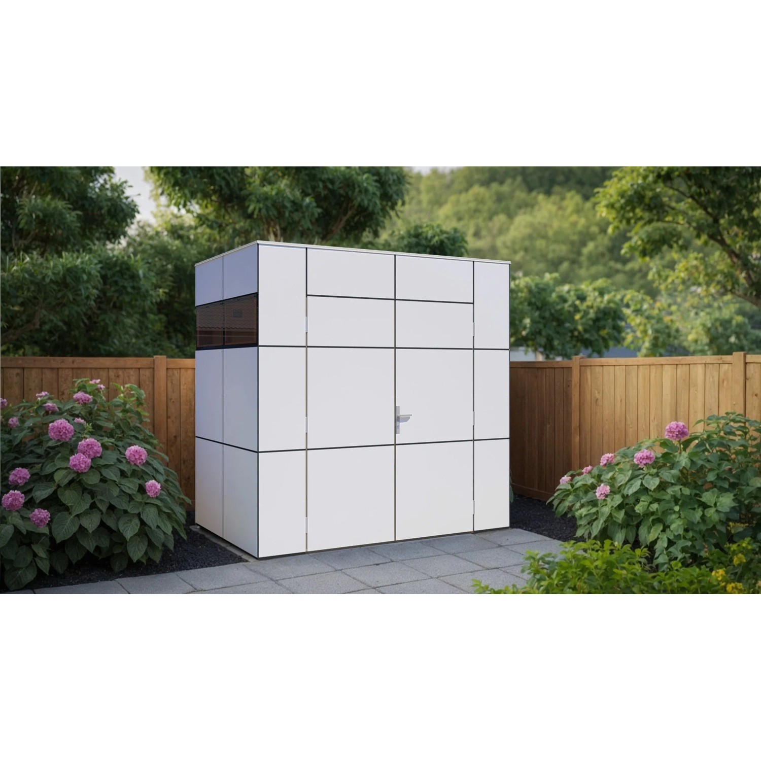 Modernes, weißes Bertilo Gartenhaus HPL Mini (231x152cm) mit Flachdach im Garten.