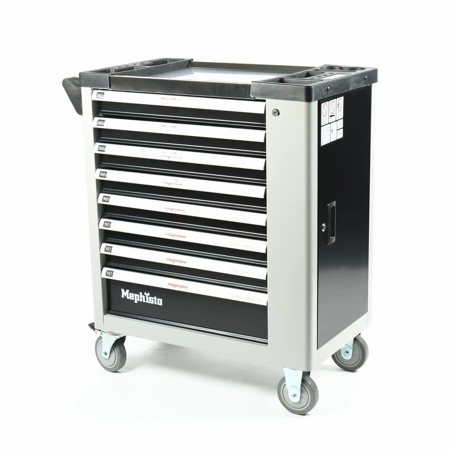 Mephisto Premium Werkzeugwagen mit 8 Schubladen und Rollgabelschlüssel, grau/schwarz.