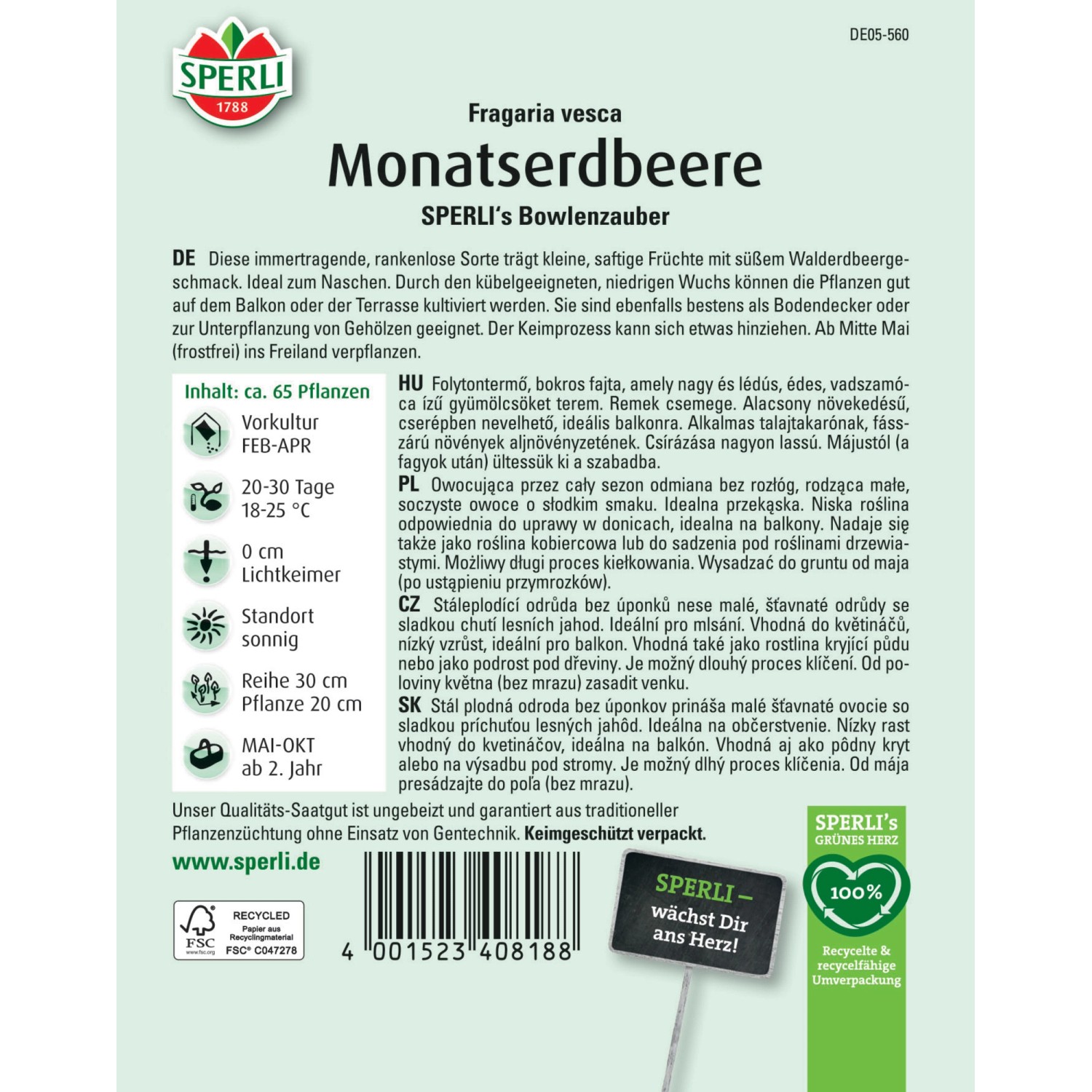 Samenpackung Sperli Monatserdbeere Bowlenzauber mit Erdbeer-Abbildung.
