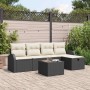 Schwarzes 6-tlg. vidaXL Garten-Sofa-Set aus Poly Rattan mit Kissen und Tisch.