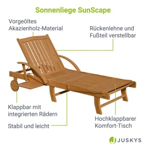 Juskys Sonnenliege SunScape aus Akazienholz mit Rädern und Tisch, 4-fach verstellbar.