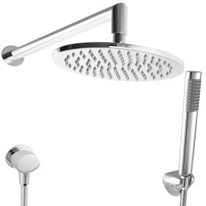 PaulGurkes Duschsystem mit ovaler Kopf- und Stabbrause, Wandanschlussbogen und Metallschlauch.