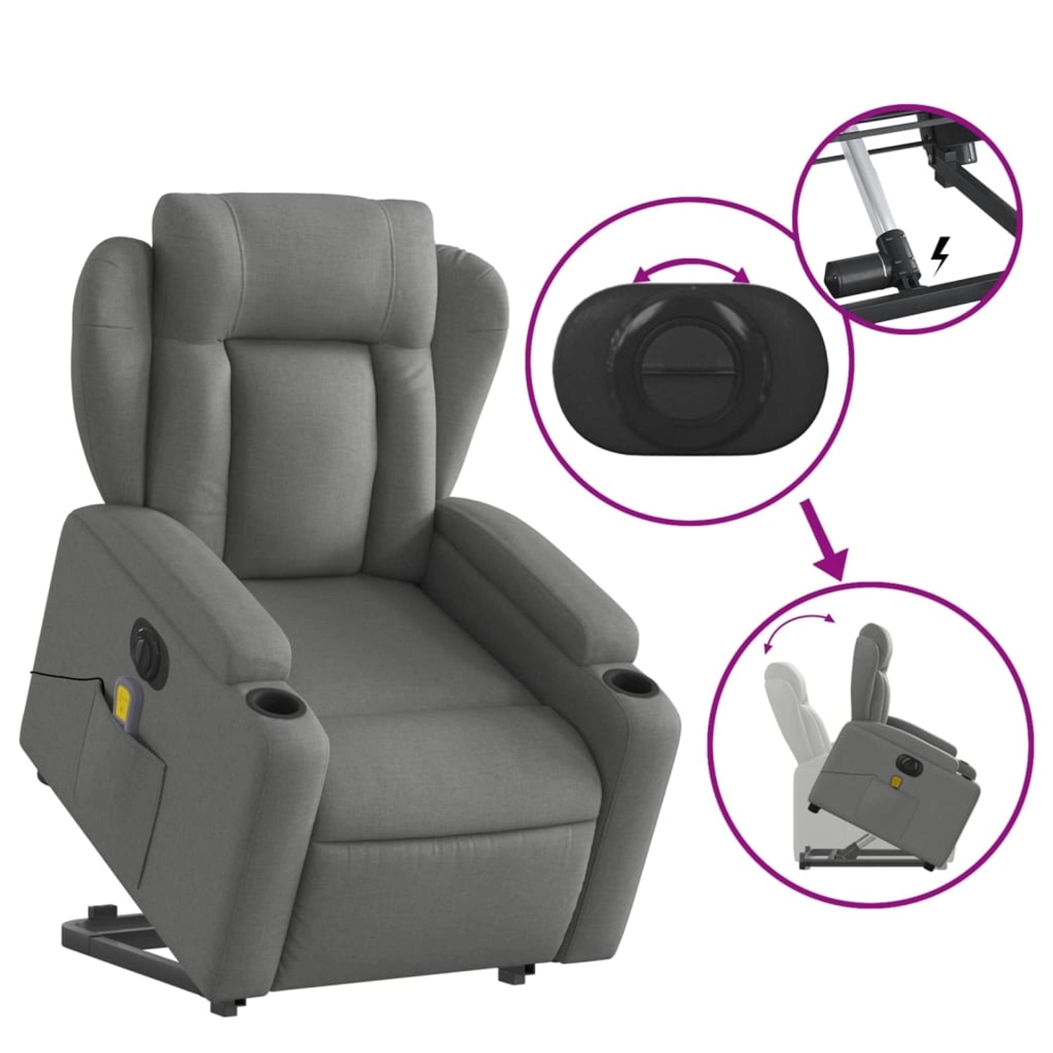 Dunkelgrauer vidaXL Massagesessel mit Aufstehhilfe, Stoff, Modell 6. Relaxsessel mit Getränkehalter und elektrischer Funktion.