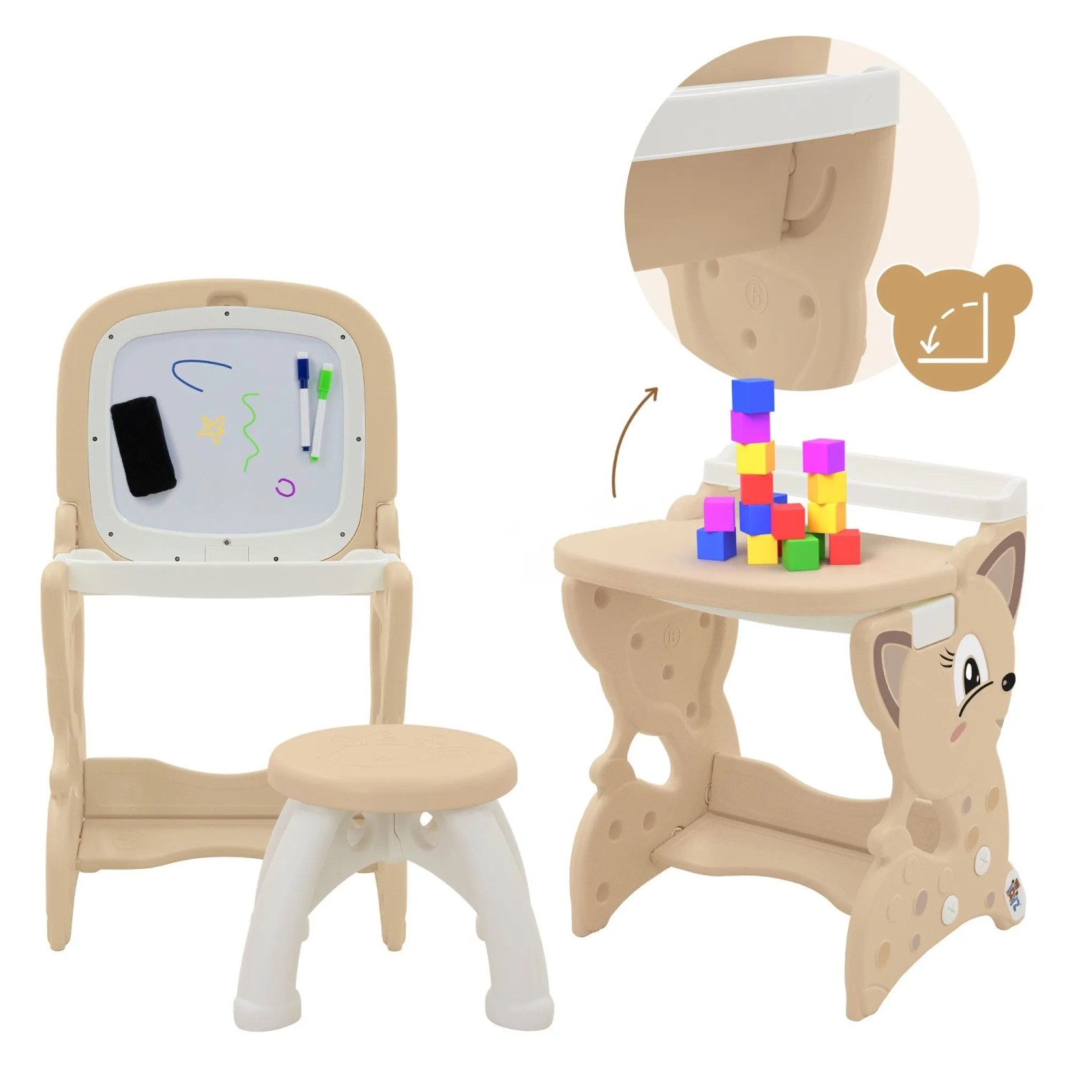 Joyz 3in1 Spieltisch braun/weiß mit Hocker. Zeigt Tafel- & Spieltischfunktion, inkl. Whiteboard, Stifte, Bausteine. Kinder Spielgerät.