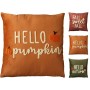 Samt-Kissen mit gesticktem Herbstmotiv: orange 'Hello Pumpkin', rot 'Fall Sweet Fall', grün 'Hello Autumn'. 45x45 cm.