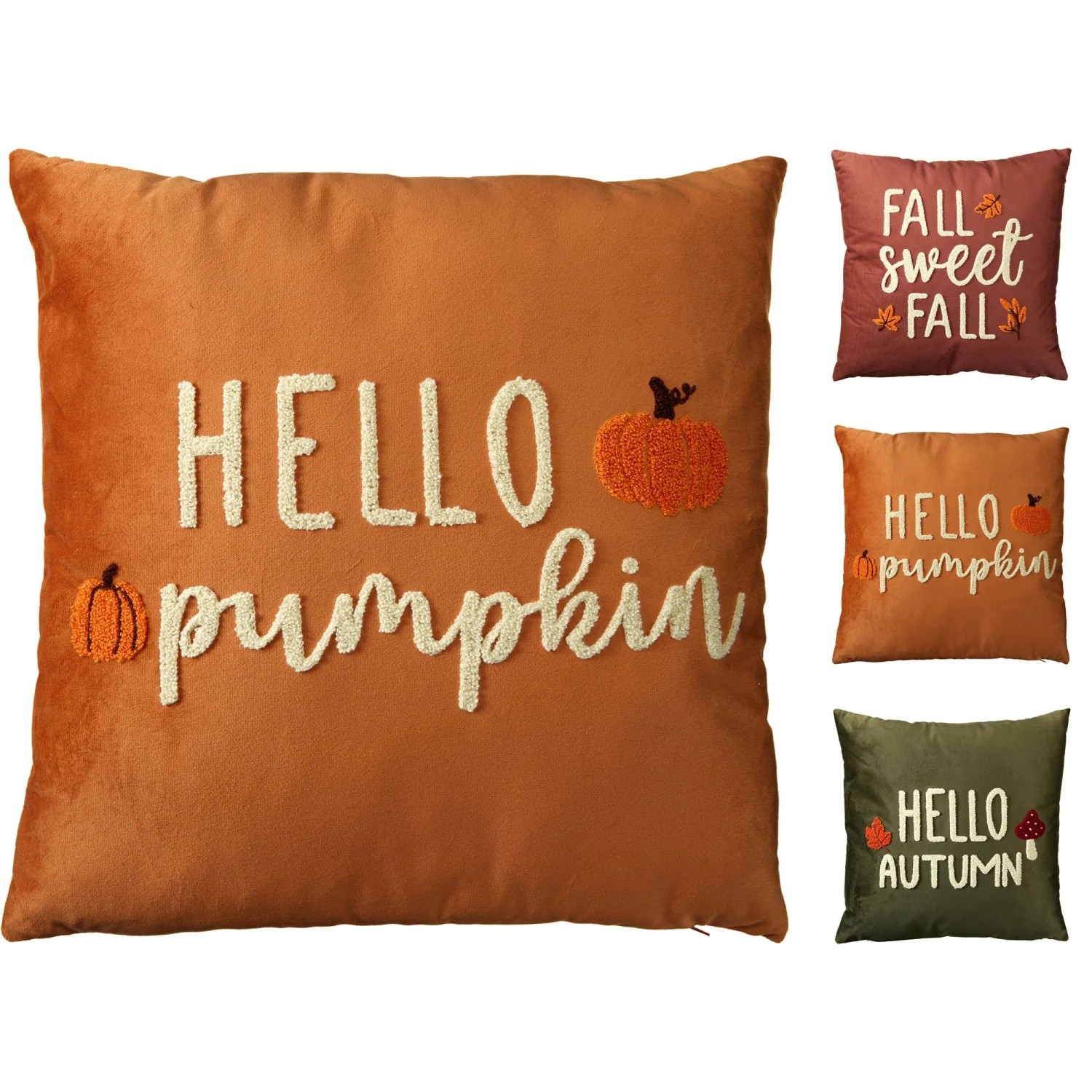 Samt-Kissen mit gesticktem Herbstmotiv: orange 'Hello Pumpkin', rot 'Fall Sweet Fall', grün 'Hello Autumn'. 45x45 cm.