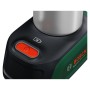 Detailansicht des Bosch Akku-Espressokochers EasyMoka 18V-2 Inox. Grünes Gehäuse, roter Einschaltknopf, Akkusymbol und Inox-Kanne.