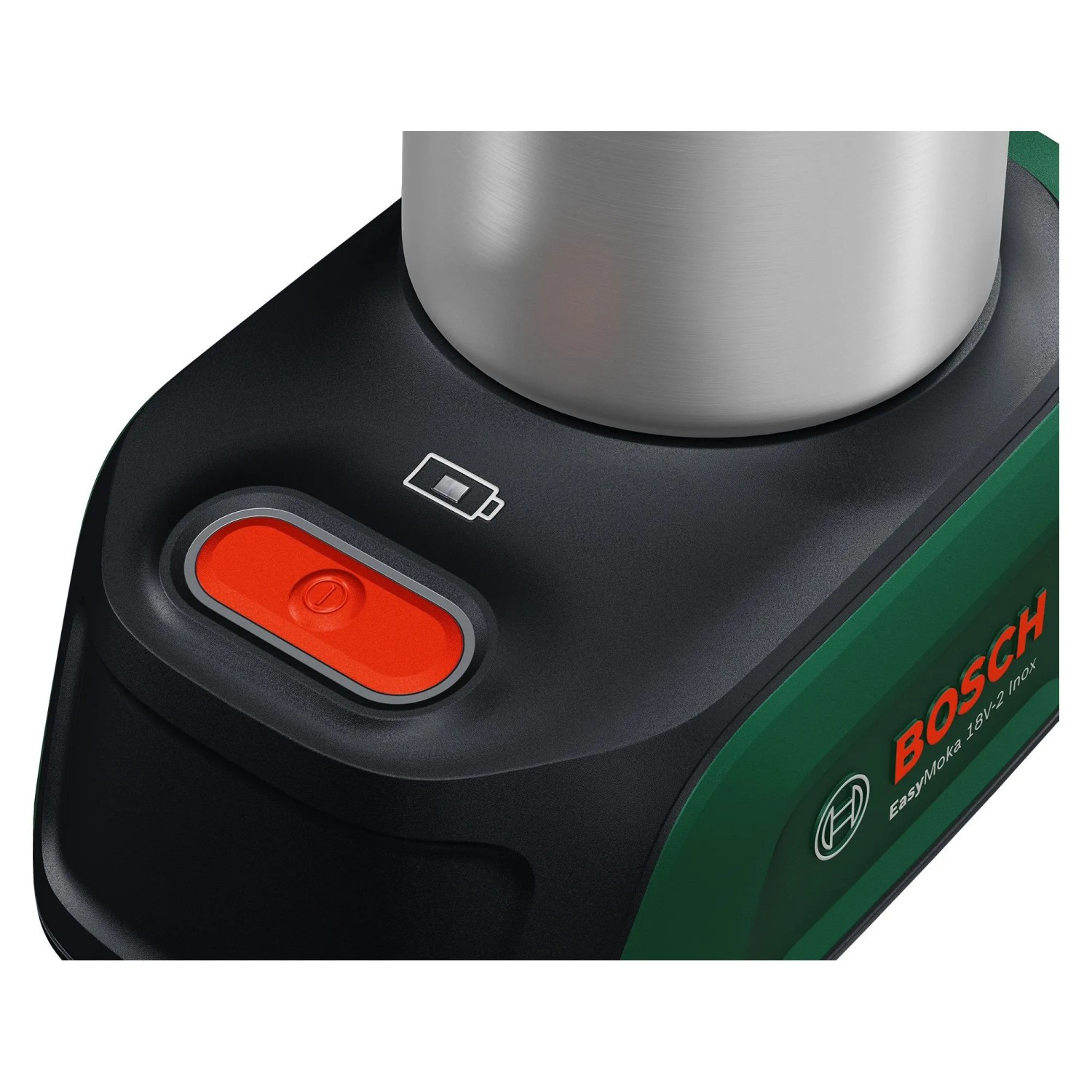Detailansicht des Bosch Akku-Espressokochers EasyMoka 18V-2 Inox. Grünes Gehäuse, roter Einschaltknopf, Akkusymbol und Inox-Kanne.