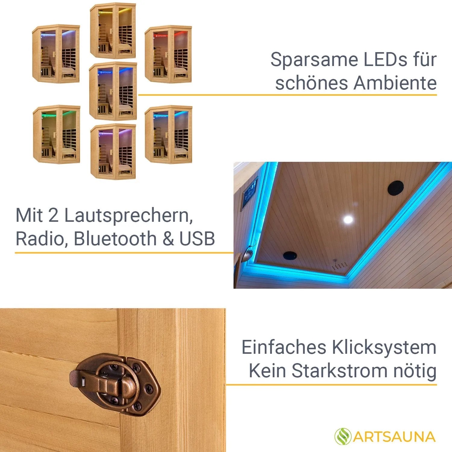Artsauna Infrarotkabine Esbjerg: Details wie LED-Farblicht, Lautsprecher, Klicksystem und Hemlockholz-Verarbeitung.
