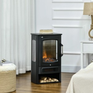Schwarzer HOMCOM Elektrokamin, Standkamin mit realistischen LED-Flammen, Glasfront und Holzfach im Wohnraum.