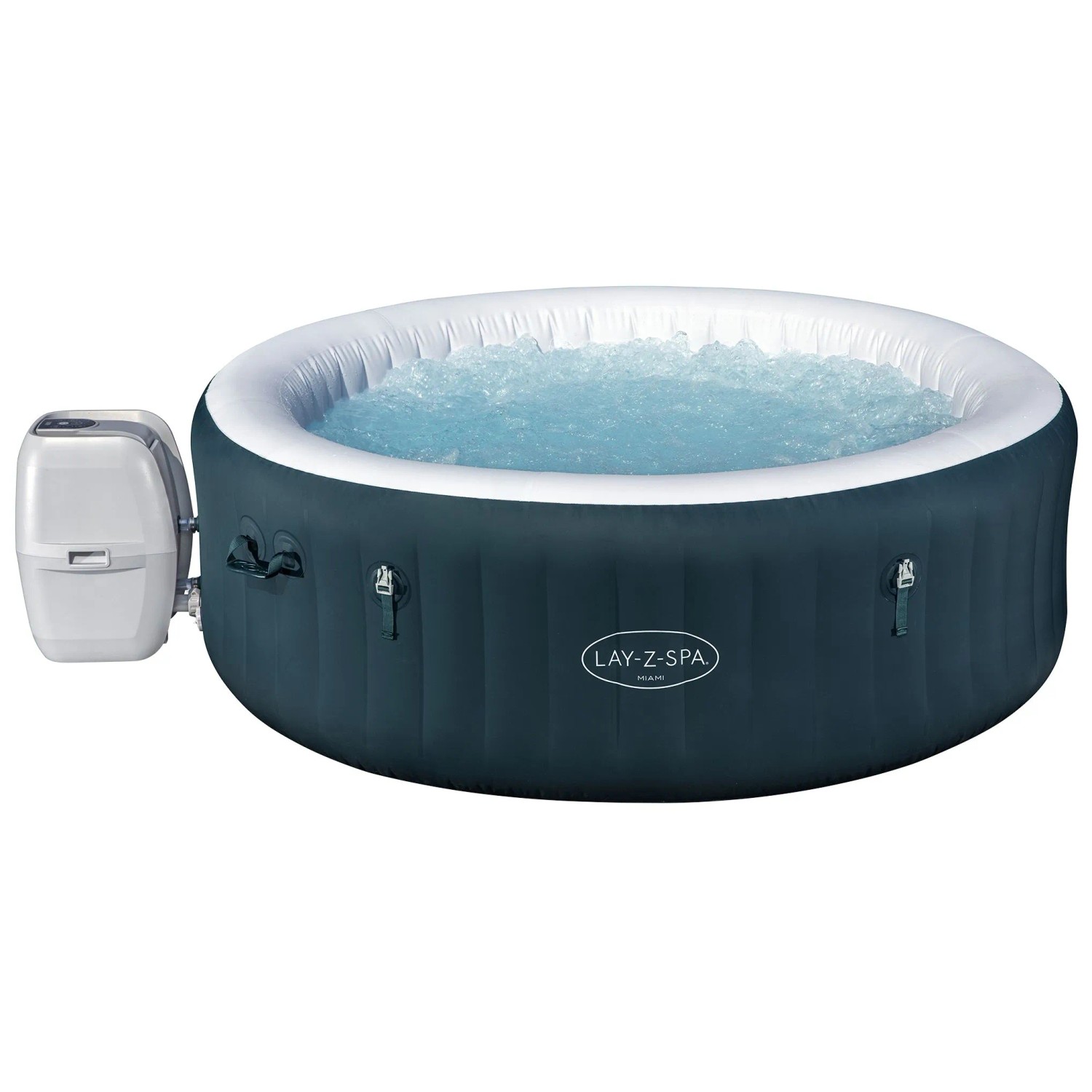 Dunkelgrüner Bestway Miami AirJet aufblasbarer Whirlpool für 6 Personen, 196x66 cm, mit sprudelndem Wasser und Pumpe.
