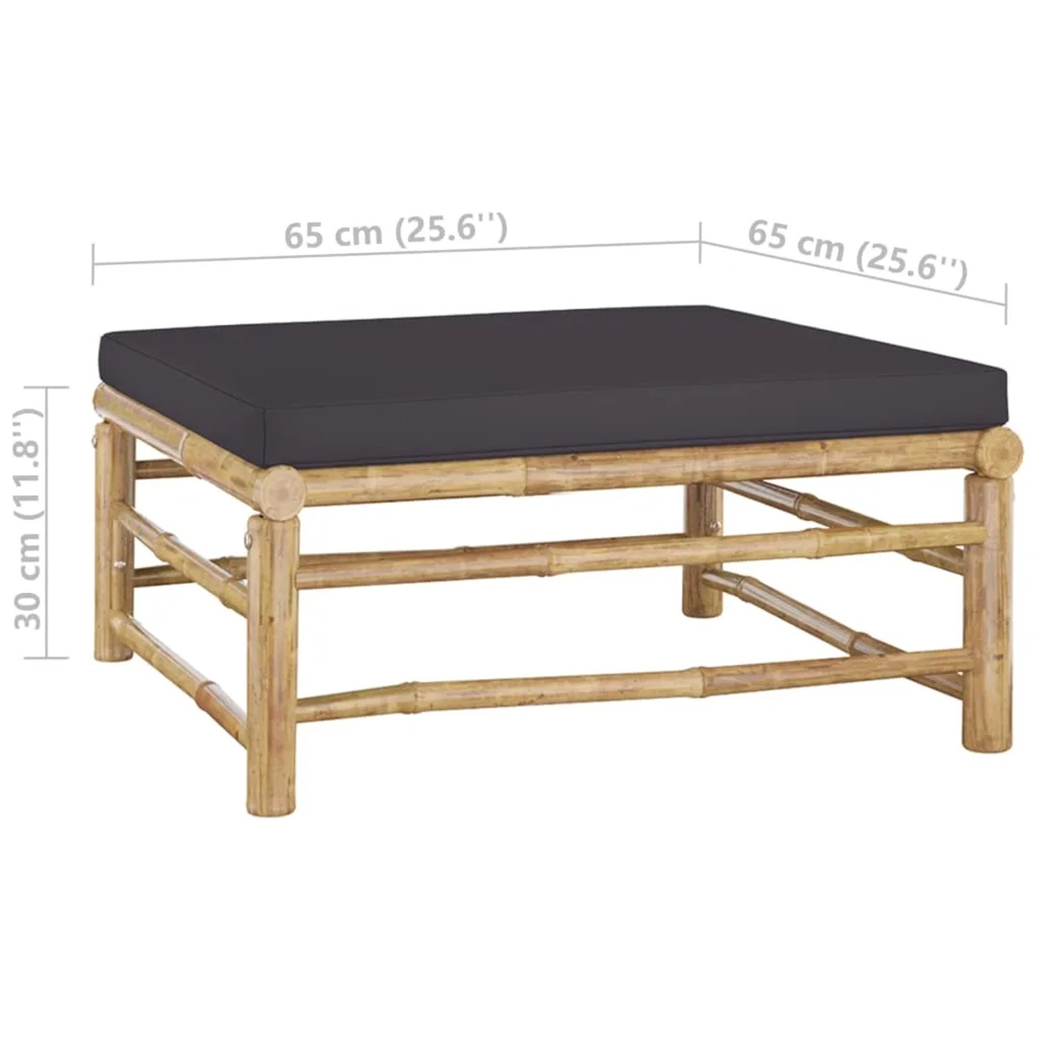 vidaXL Gartenmöbel: Bambus Tisch/Hocker mit dunkelgrauem Kissen, Teil des 4-tlg. Lounge Sets.