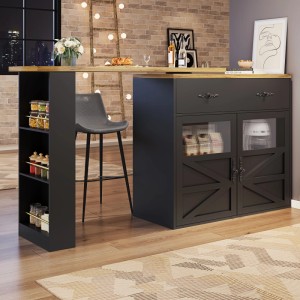 Merax Ausziehbarer Bartisch 138-204x39x104cm  360° Drehbar  Regale  Schwarz