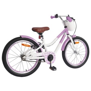 Lila-weißes 18-Zoll-Kinderfahrrad mit Stützrädern und Korb.