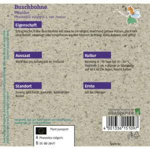 Grüne Fee Buschbohne Maxidor Saatgutpackung, Gemüsesamen, mit Anbauanleitung und Fee-Illustration.