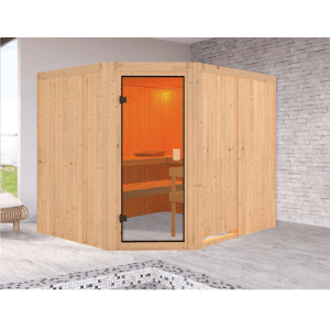 Karibu Innensauna Celine aus hellem Holz mit Glastür, Eckeinstieg und Holzbänken. Moderne Elementsauna für 2-3 Personen.