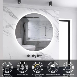 Runder Aica Sanitär Badspiegel, 50 cm, mit LED-Beleuchtung, Touch-Funktion und drei Lichtfarben.