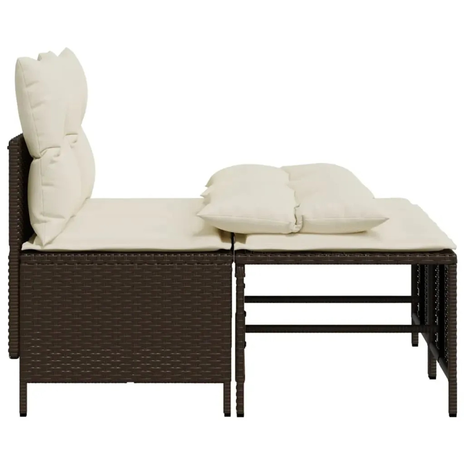 Braune 4-tlg. vidaXL Garten-Sofagarnitur aus Polyrattan mit cremefarbenen Kissen.