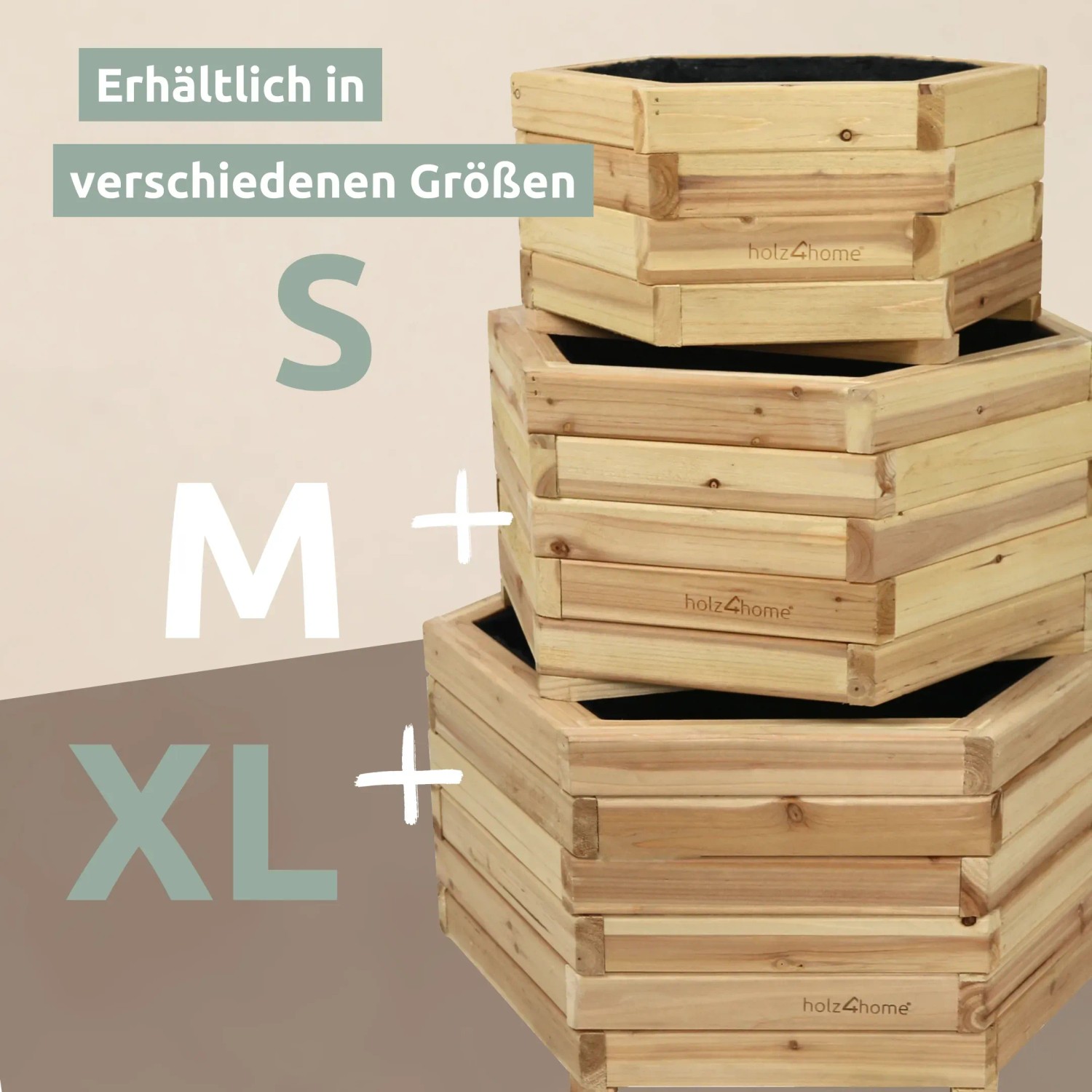 holz4home Pflanzenkübel 6eckig aus Tannenholz in verschiedenen Größen (S, M, XL).