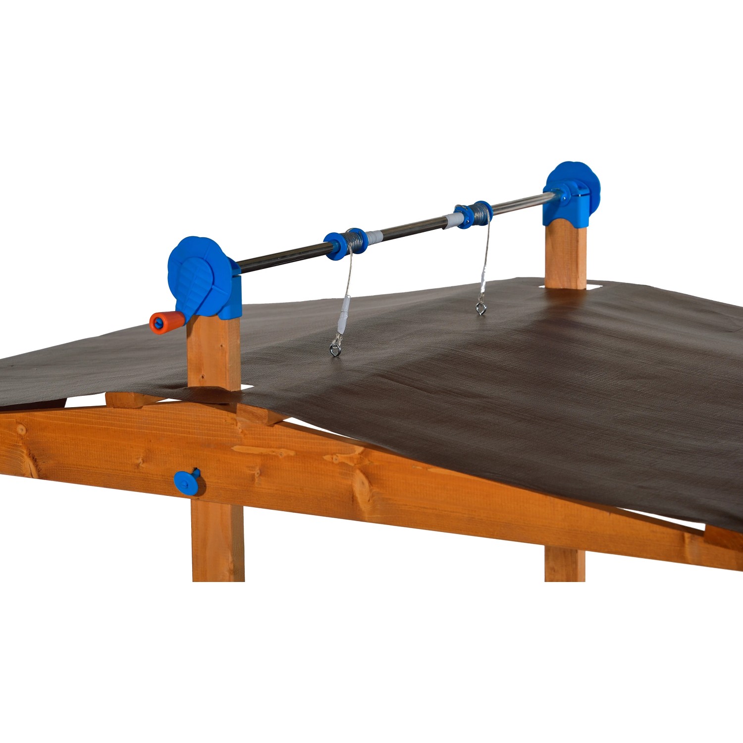 Detailaufnahme: Gaspo Sandkasten Lea mit Dach, Kurbelmechanismus und Stoßschutz.