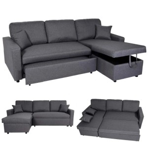 Dunkelgraues L-Ecksofa mit Bettkasten, ausziehbarer Schlaffunktion und 2 Kissen. Vielseitiges 3-Sitzer Sofa.