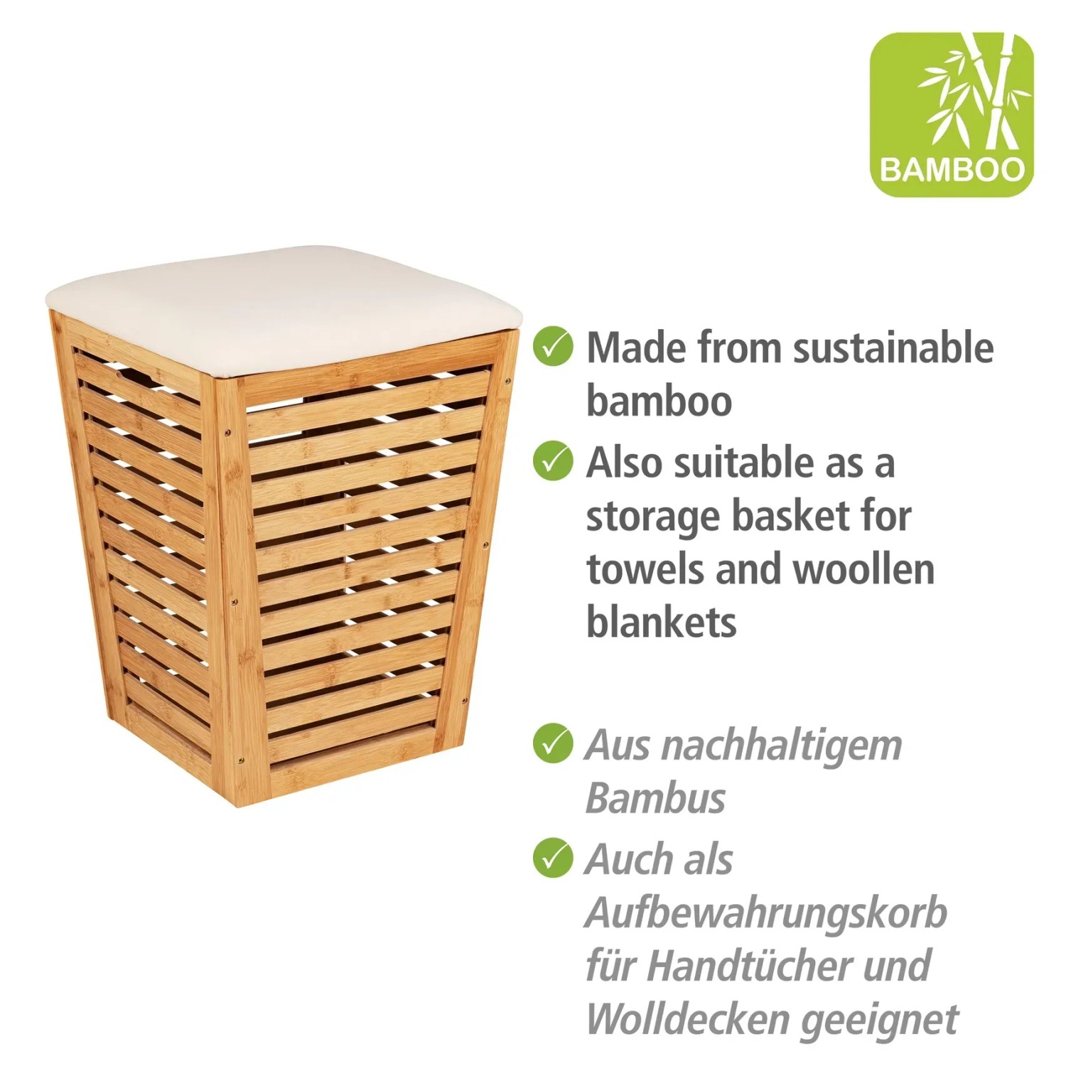 Konische Wenko Wäschetruhe Bambusa mit Sitzpolster, aus Bambus, ideal als Wäschekorb oder Sitzhocker.