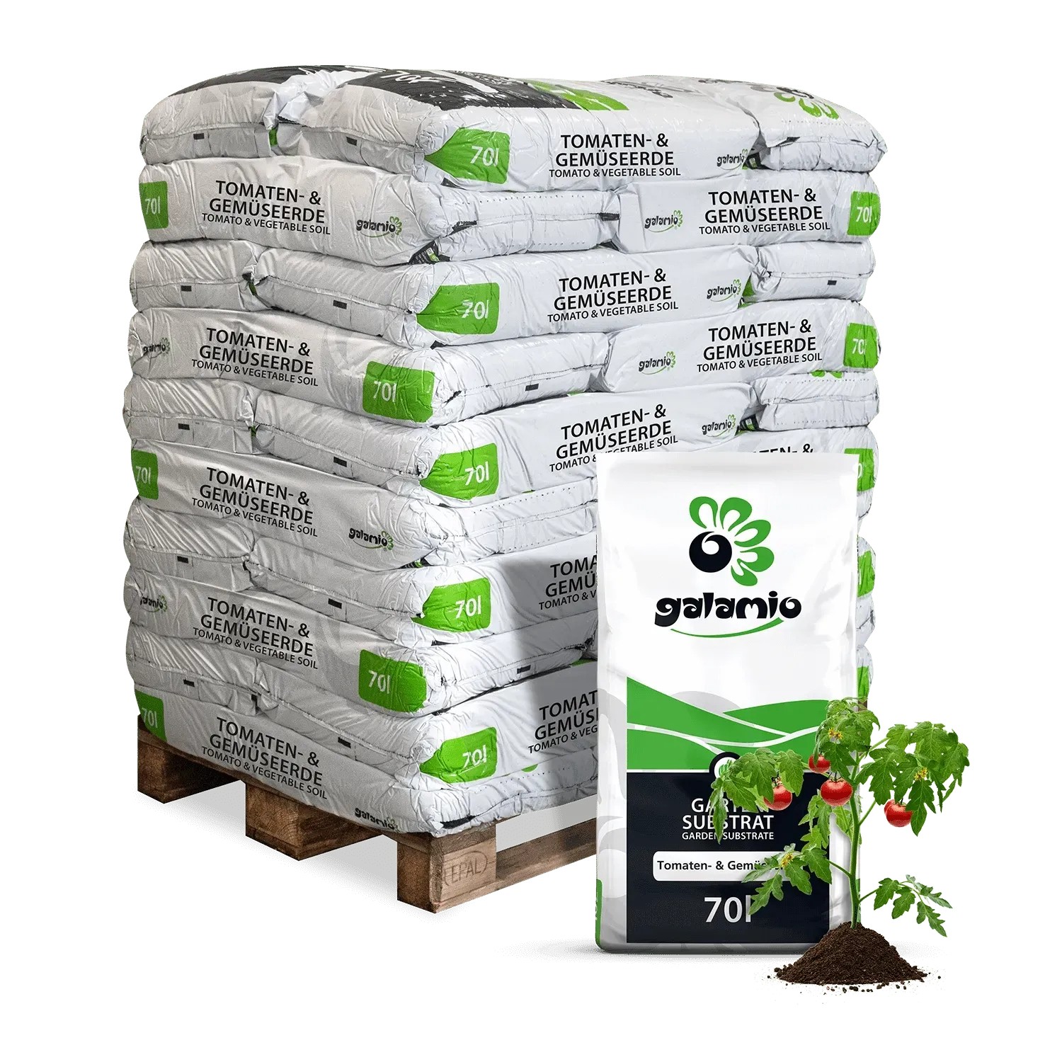 Palette Galamio Tomaten- & Gemüseerde, 30 Säcke à 70L. Ideal für den Garten.